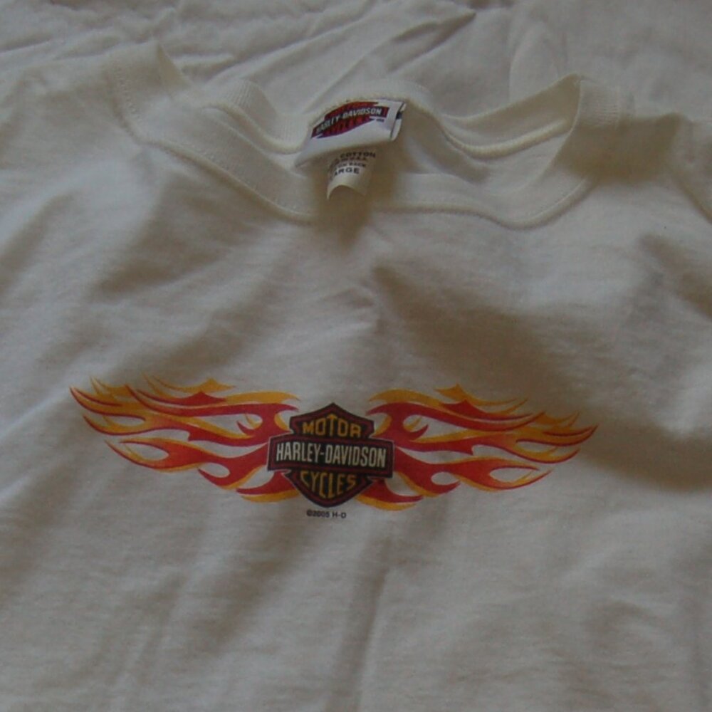 Vintage women's lg long sleeve Harley Davidson T-Shirt - white w/orange flames